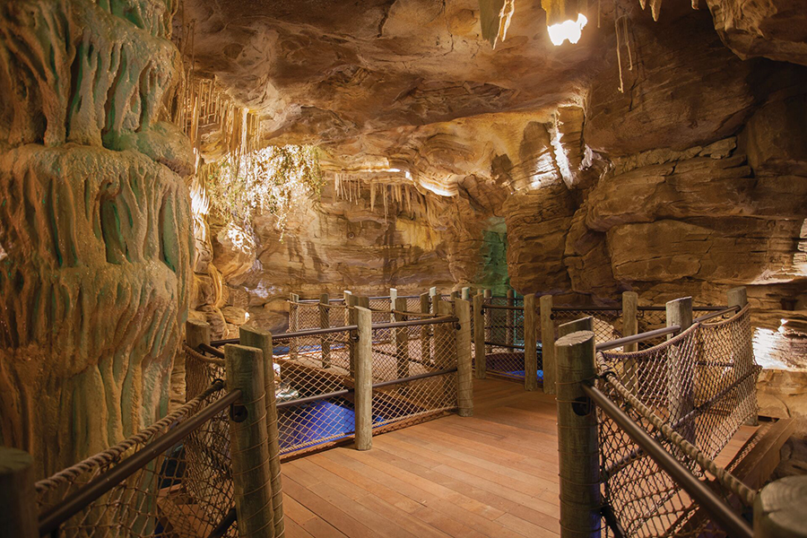 The cave exhibit at Wonders of Wildlife showcasing the underwater lake and wooden walkway.