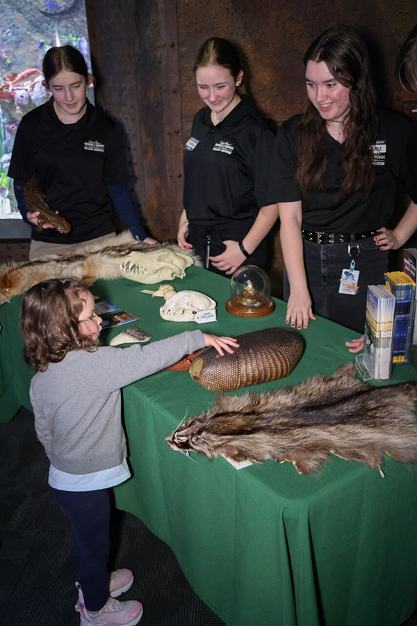 Several Wonders of Wildlife staff members show a child an armadillo shell along with other items on a table.