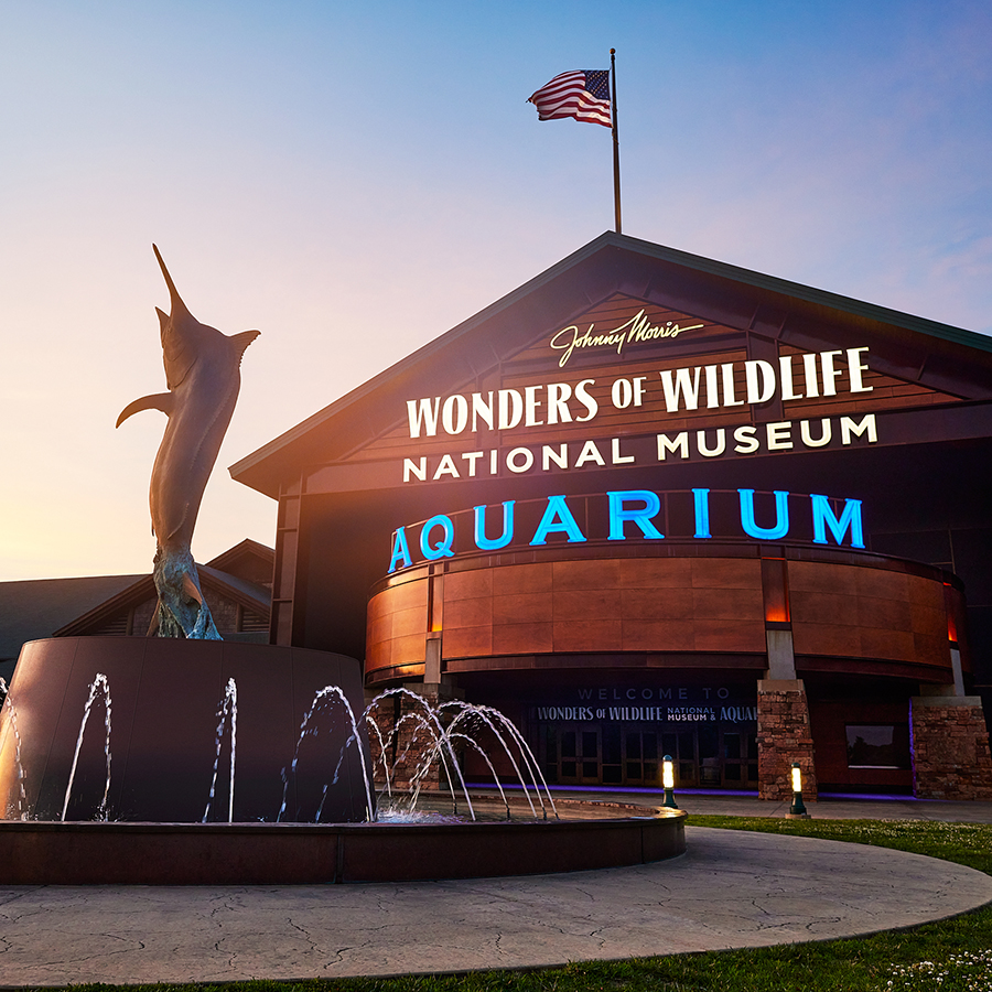 Front of Wonders of Wildlife National Museum & Aquarium with fountain in the foreground.