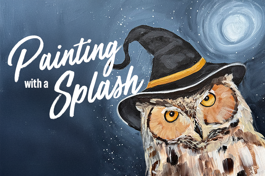 Hand painted owl wearing a witch's hat with moon in the background. "Painting With a Splash"